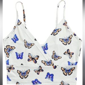 Blue and white butterfly crop top